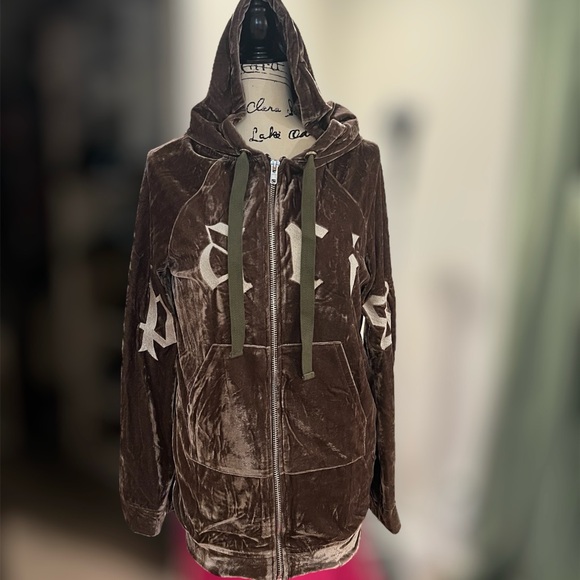 ESSUE Velour Paris Jacket Mocha Zip Up Oversized Hoodie Pockets SMALL - Picture 5 of 17